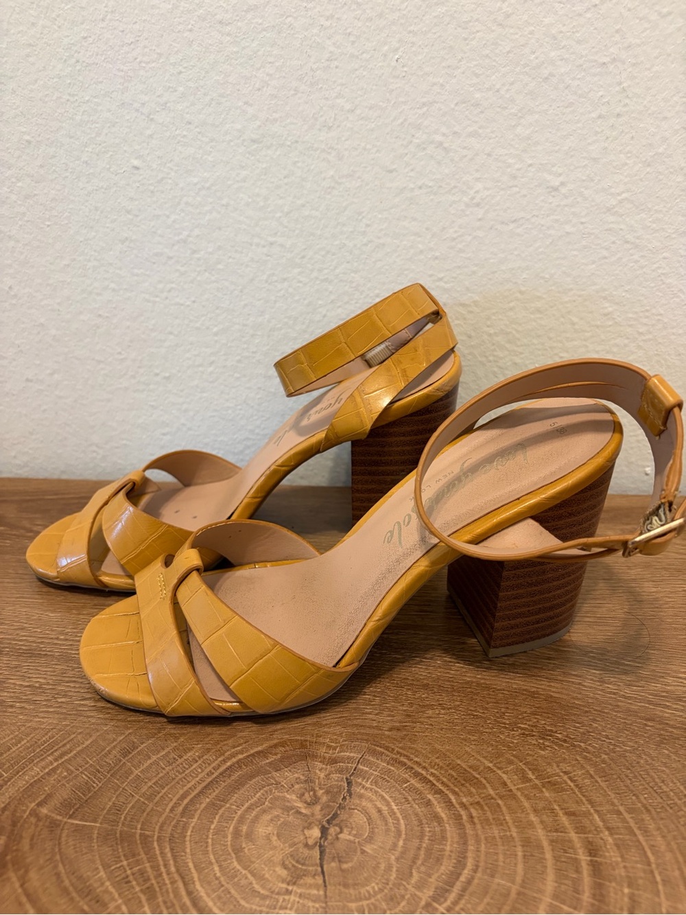 New Look Croc-Textured Mustard Block Heel Sandals